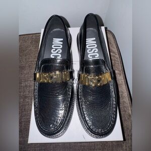 Moschino Black Patent Leather Loafers with Gold Logo Hardware